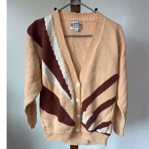 Amano Vintage Hand Knitted Cotton Cardigan Peach Brown Geometric Ecuador Women M